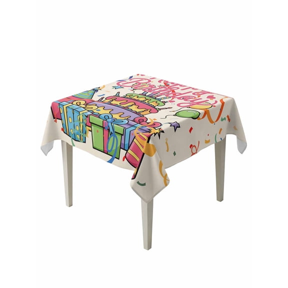 Happy Birthday Table Cloth, Waterproof Tablecloth for Square Tables, Ribbon Cake Balloon Cartoon Reusable Washable Fabric Table Cover for Restaurant Kitchen Dining Tables 54"x54"