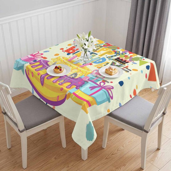 Happy Birthday Table Cloth Waterproof Tablecloths, Beige Balloon Ribbon Cake Tablecloth Dining Table Cover for Kitchen Party Tabletop Outdoor, Square Tablecloth 54x54 Inch