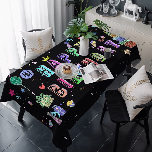 Happy Birthday Table Cloth Waterproof Tablecloths, Birthday Gifts Cake Balloons Black Tablecloth Dining Table Cover for Kitchen Party Tabletop Outdoor, Rectangle Tablecloth 54x108 Inch