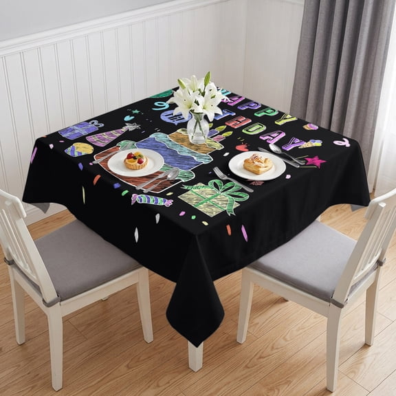 Happy Birthday Table Cloth Waterproof Tablecloths, Birthday Gifts Cake Balloons Black Tablecloth Dining Table Cover for Kitchen Party Tabletop Outdoor, Square Tablecloth 54x54 Inch