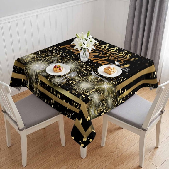 Happy Birthday Table Cloth Waterproof Tablecloths, Luxurious Black Golden Cake Fireworks Tablecloth Dining Table Cover for Kitchen Party Tabletop Outdoor, Square Tablecloth 54x54 Inch