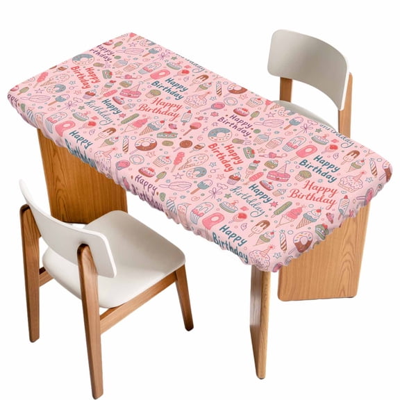 Happy Birthday Table Cloths for 4 Foot Rectangle Tables, Pink Cartoon Funny Ice Cream Donut Cakes Patio Waterproof Elastic Fitted Tablecloths, Washable Rectangular Table Cover for Camping