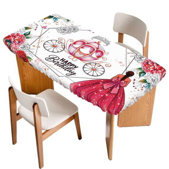 Happy Birthday Table Cloths for 4 Foot Rectangle Tables, Red Dress Crown Carriage Flowers Butterfly Patio Waterproof Elastic Fitted Tablecloths, Washable Rectangular Table Cover for Camping