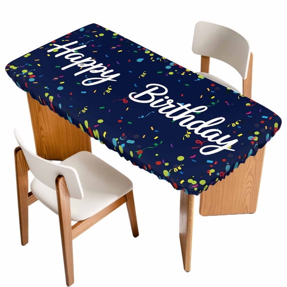 Happy Birthday Table Cloths for 5 Foot Rectangle Tables, Navy Blue Modern Abstract Art Patio Waterproof Elastic Fitted Tablecloths, Washable Rectangular Table Cover for Camping