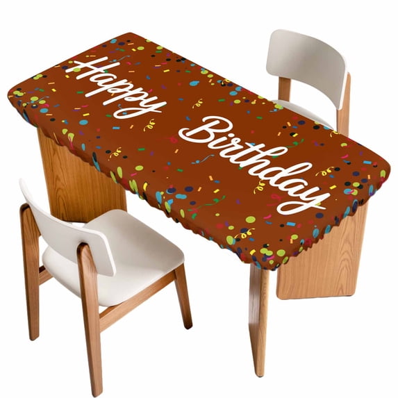 Happy Birthday Table Cloths for 6 Foot Rectangle Tables, Brown Modern Abstract Art Patio Waterproof Elastic Fitted Tablecloths, Washable Rectangular Table Cover for Camping