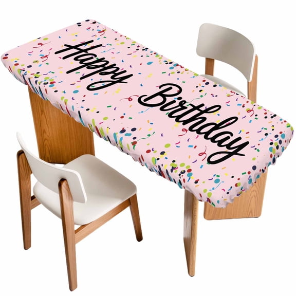 Happy Birthday Table Cloths for 8 Foot Rectangle Tables, Pink Modern Abstract Art Patio Waterproof Elastic Fitted Tablecloths, Washable Rectangular Table Cover for Camping