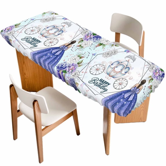 Happy Birthday Table Cloths for 8 Foot Rectangle Tables, Purple Dress Crown Carriage Flowers Butterfly Patio Waterproof Elastic Fitted Tablecloths, Washable Rectangular Table Cover for Camping