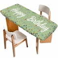 thumbnail image 1 of Happy Birthday Table Cloths for 8 Foot Rectangle Tables, Sage Green Modern Abstract Art Patio Waterproof Elastic Fitted Tablecloths, Washable Rectangular Table Cover for Camping, 1 of 8
