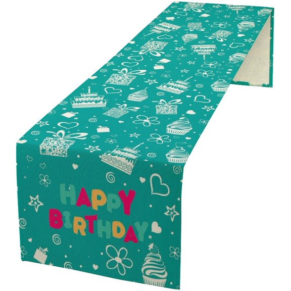 Happy Birthday Table Runner 13x36in, Blue Cake Gifts Celebrate Summer Children Table Runners for Parties