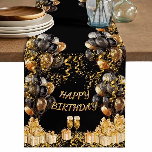 Happy Birthday Table Runner 36 Inches, Gifts Golden Black Balloons Goblet Glitter Ribbons Bed Runner Dresser Scarves Tabletop for Indoor Outdoor Parties/Ceremony/Banquet, 13"x 36"