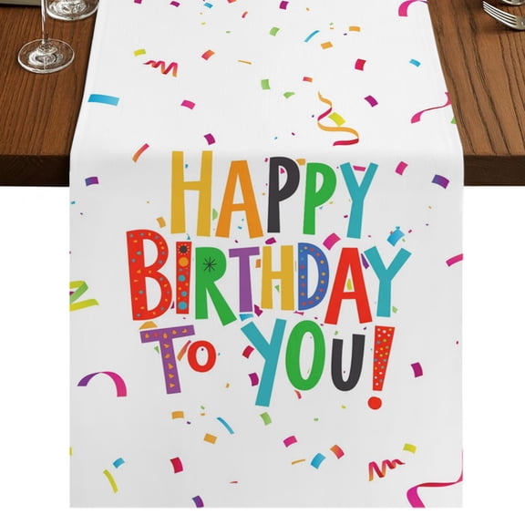 Happy Birthday Table Runner 36 Inches Long, Cotton Linen Table Runner Dresser Scarf, Coloful Birthday Ribbon Short Fabric Tablerunners for Dining Coffee Tables Wedding Holiday Party 13"x36"