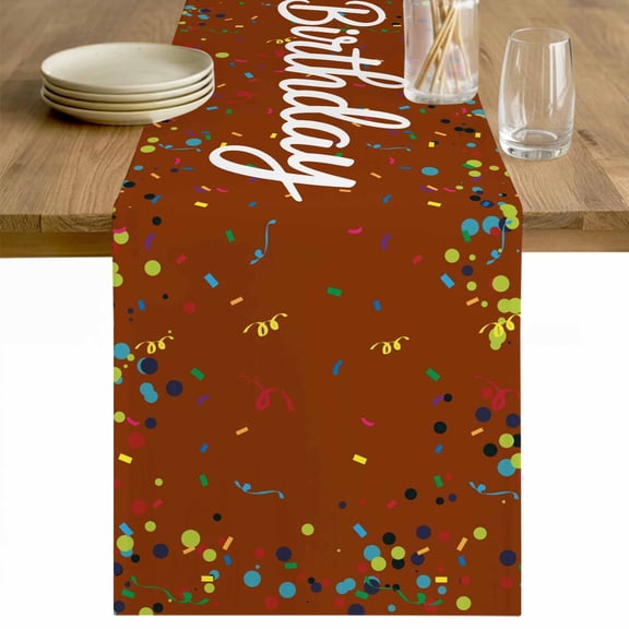 Happy Birthday Table Runner 36 Inches Long Farmhouse Dress Scarves, Brown Modern Abstract Art Dining Tablerunner for Coffee Table/Kitchen Island/Party Décor, Small 13" x 36"