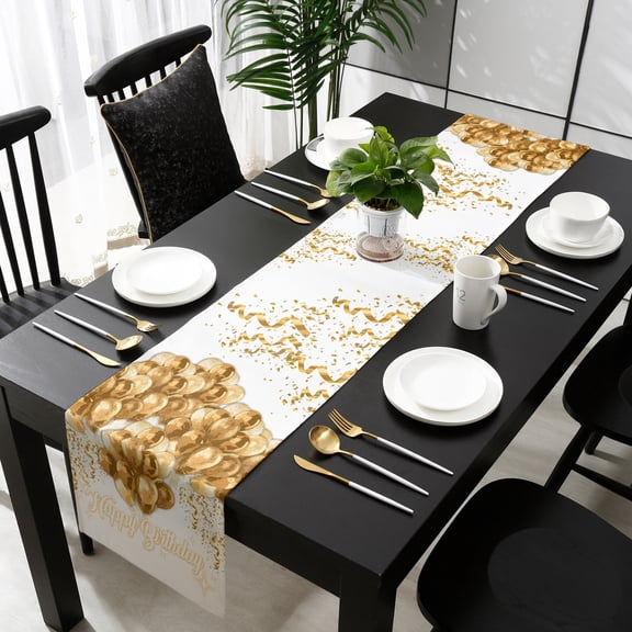Happy Birthday Table Runner 36 Inches Small, Golden Balloons Ribbons Abstract Art Kitchen Dining Burlap Linen Tablerunner for Small/Round/Square/Wedding/Coffee/Dining Table Party Home Décor 13 x 36