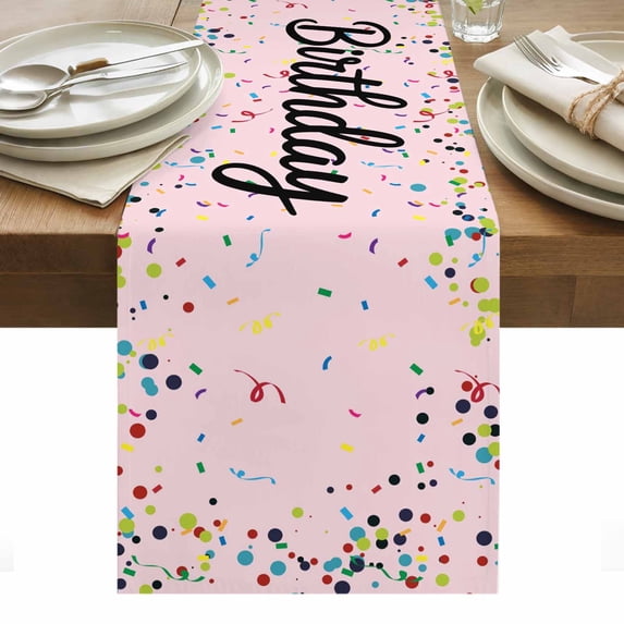 Happy Birthday Table Runner - 48 Inch Long, Kitchen Dining Table Runner Dresser Scarves, Pink Modern Abstract Art Farmhouse Decor for Coffee Tables Wedding Party Banquet