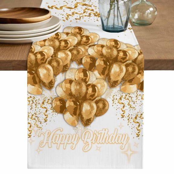 Happy Birthday Table Runner 48 Inches, Golden Balloons Ribbons Abstract Art Bed Runner Dresser Scarves Tabletop for Indoor Outdoor Parties/Ceremony/Banquet, 13" x 48"