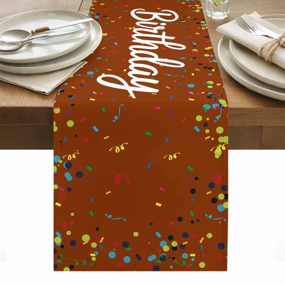 Happy Birthday Table Runner - 60 Inch Long, Kitchen Dining Table Runner Dresser Scarves, Brown Modern Abstract Art Farmhouse Decor for Coffee Tables Wedding Party Banquet