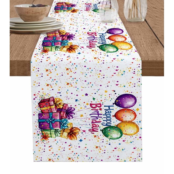 Happy Birthday Table Runner 70 Inches, Colorful Balloon Gifts Patterns Bed Runner Dresser Scarves Tabletop for Indoor Outdoor Parties/Ceremony/Banquet, 13" x 70"