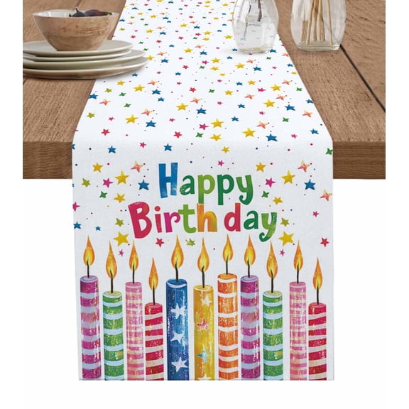 Happy Birthday Table Runner 70 Inches, Retro Colorful Candle Star Bed Runner Dresser Scarves Tabletop for Indoor Outdoor Parties/Ceremony/Banquet, 13" x 70"