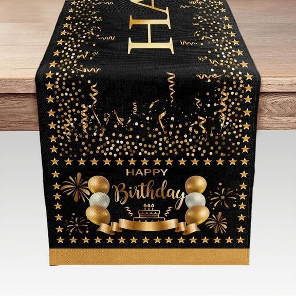 Happy Birthday Table Runner, Black Gold Celebrate Birthday Party Supplies, Birthday Decorations Party Table Decor 13 x 48 Inches