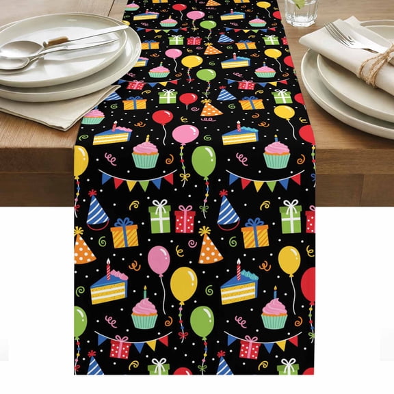 Happy Birthday Table Runner Cartoon Funny Balloon Colorful Ribbon Tablerunners 13 x 36 Inch, Table Decorations Tabletop Scarf for Summer Gathering Holiday Farmhouse Kitchen Dining Decor