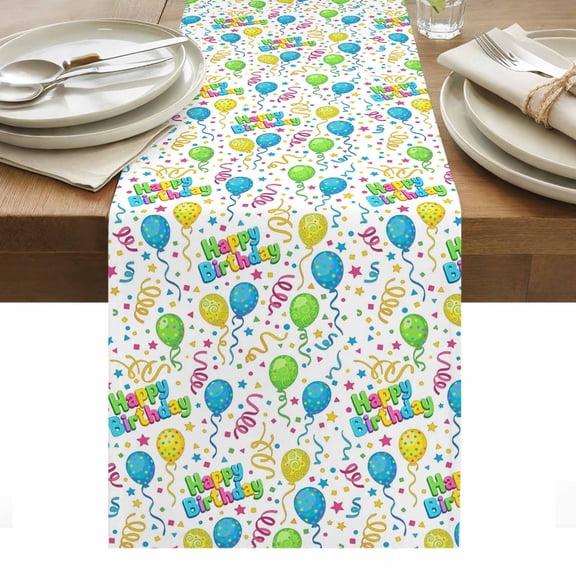 Happy Birthday Table Runner Cartoon Funny Coloured Ribbon Balloon Tablerunners 13 x 60 Inch, Table Decorations Tabletop Scarf for Summer Gathering Holiday Farmhouse Kitchen Dining Decor