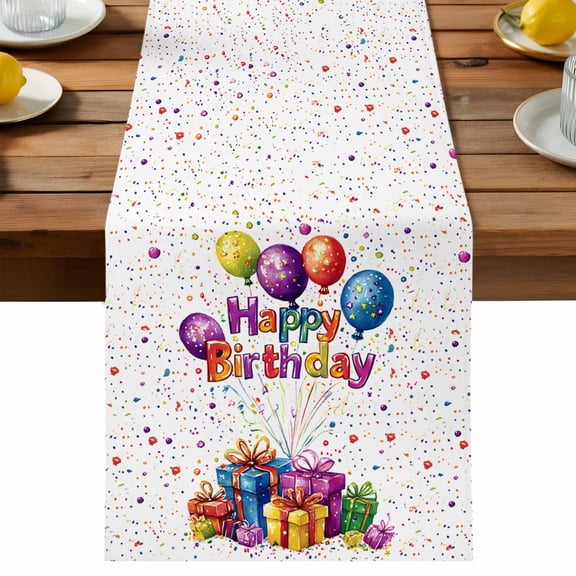 Happy Birthday Table Runner, Colorful Balloon Polka Dots Cotton Linen Table Cloth, Present Tablerunner for Kitchen Dining Party Wedding Home Decor 13x48 Inch