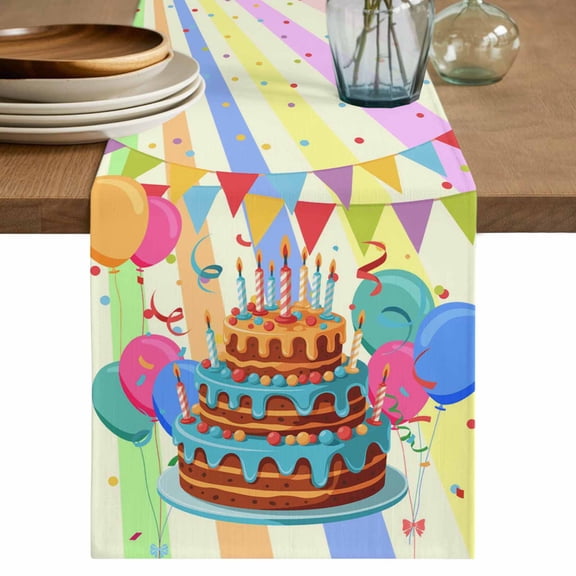 Happy Birthday Table Runner, Colorful Balloon Ribbon Cake Washable Cotton Linen Table Runners 36 Inches Long, Dresser Scarf Runner for Nightstand/End Tables/Round Tables 13''x36''