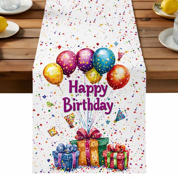 Happy Birthday Table Runner, Colorful Balloon Ribbon Cotton Linen Table Cloth, Present Tablerunner for Kitchen Dining Party Wedding Home Decor 13x48 Inch