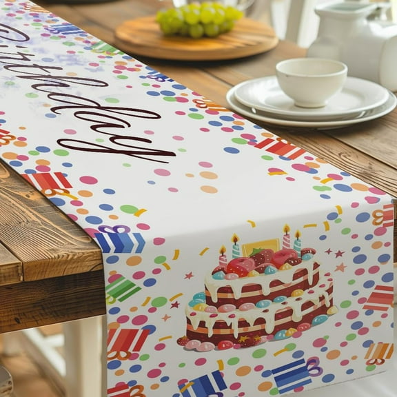 Happy Birthday Table Runner Colorful Gift Boxes and Cakes Tablecloth Seasonal Summer Kitchen Dining Table Decoration for Home Party Festival Decor 13x72 Inch