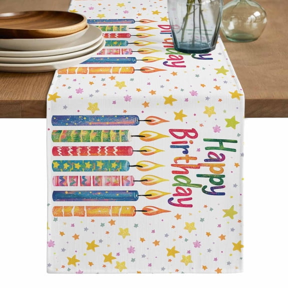 Happy Birthday Table Runner, Colorful Star Funny Celebration Washable Cotton Linen Table Runners 36 Inches Long, Dresser Scarf Runner for Nightstand/End Tables/Round Tables 13''x36''