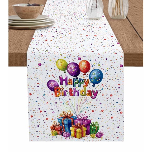 Happy Birthday Table Runner Cotton Linen 108 Inch Holiday Dresser Scarves, Watercolor Balloon Gifts Patterns Tablerunner for Kitchen Coffee Dining Bedroom Living Room Dinner Scarf Décor 13''x108''