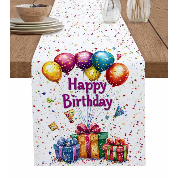 Happy Birthday Table Runner Cotton Linen 90 Inch Holiday Dresser Scarves, Cartoon Colorful Balloon Gift Funny Tablerunner for Kitchen Coffee Dining Bedroom Living Room Dinner Scarf Décor 13''x90''
