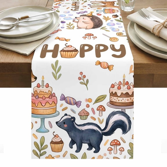 Happy Birthday Table Runner Forest Hedgehog Rabbit Deer Cake Leaves Tablerunners 13 x 48 Inch, Table Decorations Tabletop Scarf for Summer Gathering Holiday Farmhouse Kitchen Dining Decor