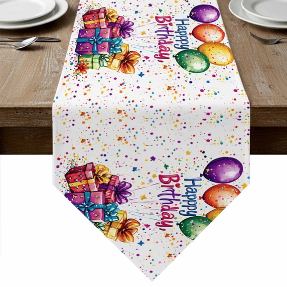 Happy Birthday Table Runner Linen Burlap Table Runner 120 Inches Long Colorful Balloon Gifts Patterns Dresser Scarves for Kitchen Island Coffee Dining Party Wedding Banquet Holiday Decor 13"x120"