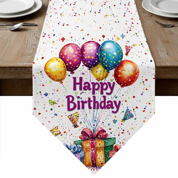 Happy Birthday Table Runner Linen Burlap Table Runner 36 Inches Small Cartoon Colorful Balloon Gift Funny Dresser Scarves for Kitchen Island Coffee Dining Party Wedding Banquet Holiday Decor 13"x36"