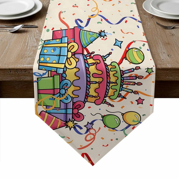 Happy Birthday Table Runner Linen Burlap Table Runner 36 Inches Small Ribbon Cake Balloon Cartoon Dresser Scarves for Kitchen Island Coffee Dining Room Party Wedding Holiday Decoration 13"x36"