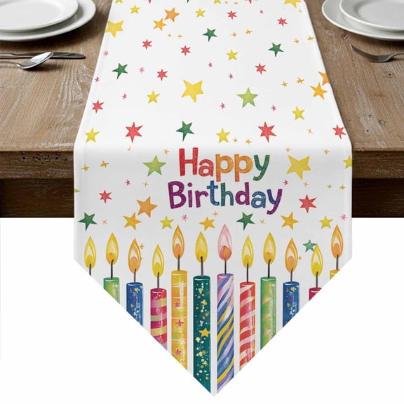 Happy Birthday Table Runner Linen Burlap Table Runner 36 Inches Small Vintage Colorful Candle Star Dresser Scarves for Kitchen Island Coffee Dining Room Party Wedding Banquet Holiday Decor 13"x36"