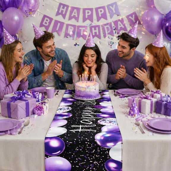 Happy Birthday Table Runner, Linen Party Decorative Tablecloth 72-Inch, Multicolor Birthday-Themed Table Runner for Dining Table Party Decor Photo Background