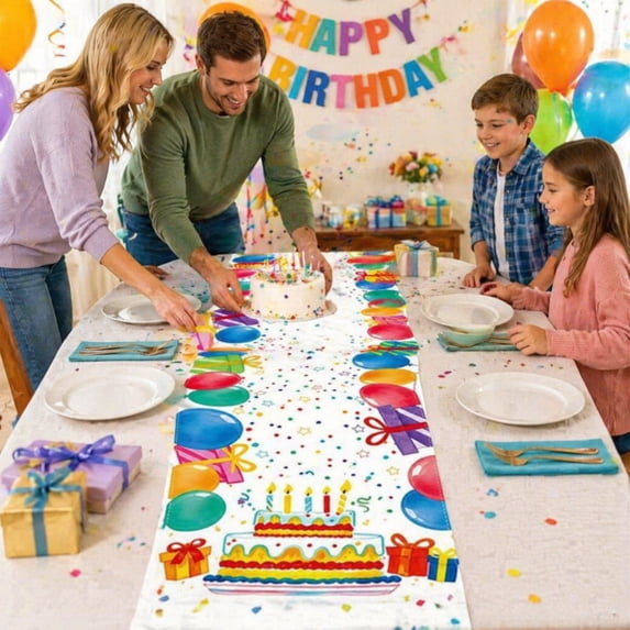 Happy Birthday Table Runner Linen Party Decorative Tablecloth 72-inch Birthday-Themed Table Runner Background