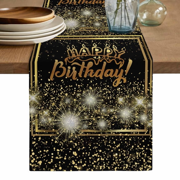 Happy Birthday Table Runner, Luxurious Black Golden Cake Fireworks Washable Cotton Linen Table Runners 48 Inches Long, Dresser Scarf Runner for Nightstand/Coffee/End Tables 13''x48''