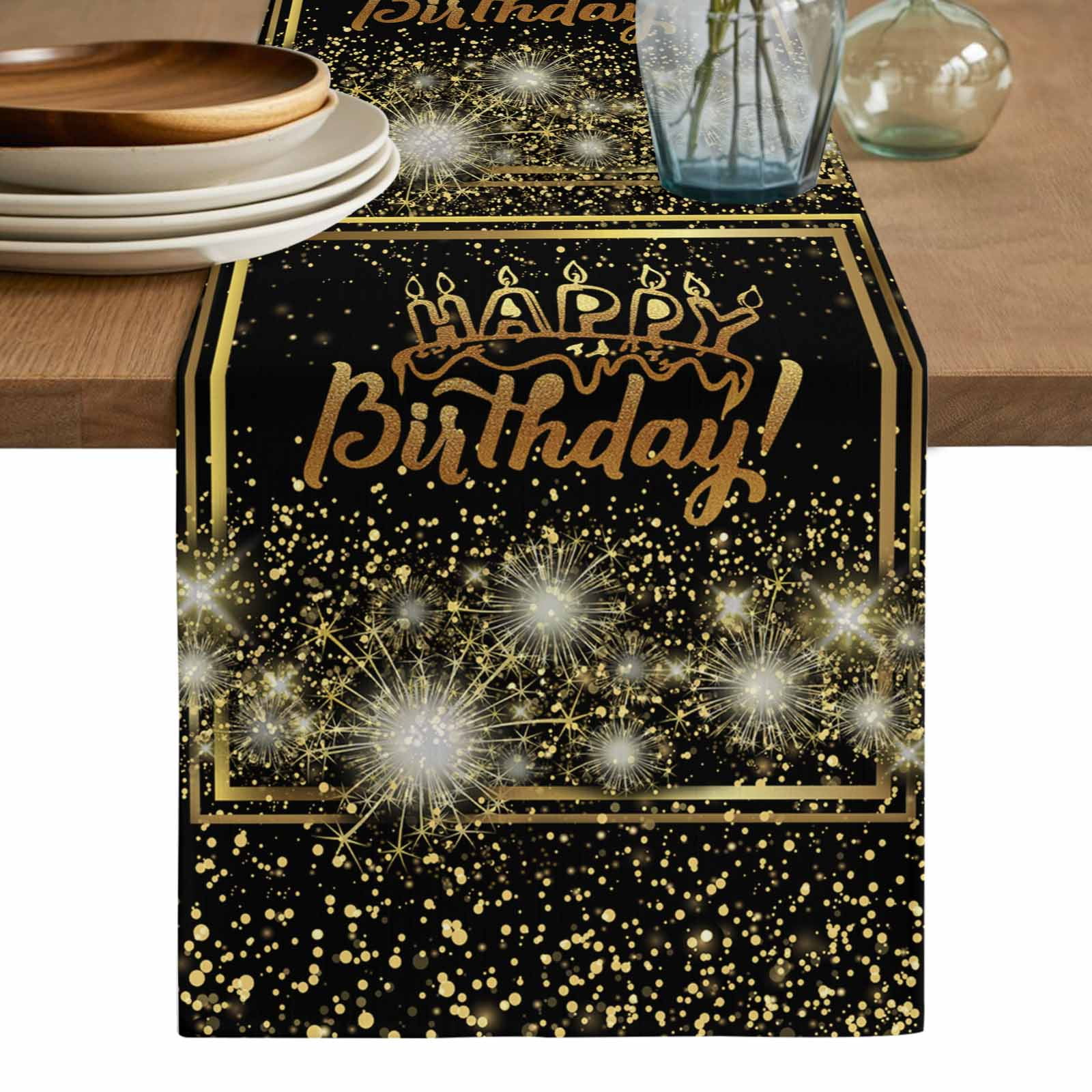 Happy Birthday Table Runner Luxurious Black Golden Cake Fireworks happy-birthday-table-runner-luxurious-black-golden-cake-fireworks
