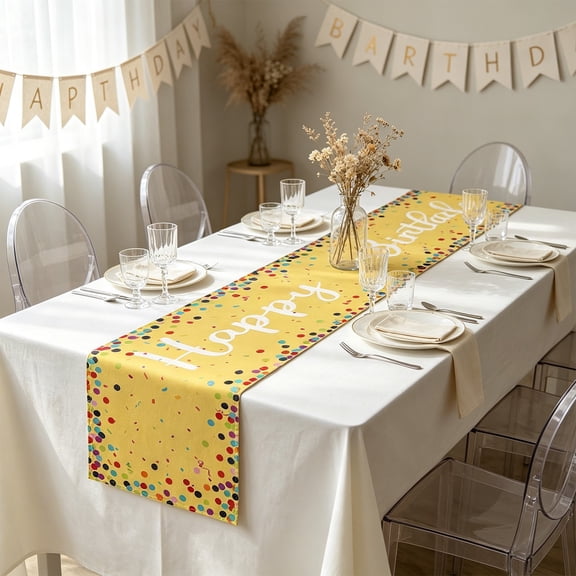 Happy Birthday Table Runner, Multi Color Cloth Fabric, Reusable Colorfast Feature, All Purpose Party Ornament, Dining Table Cover for Kitchen Home Independence Day Gathering and Festival Decoration