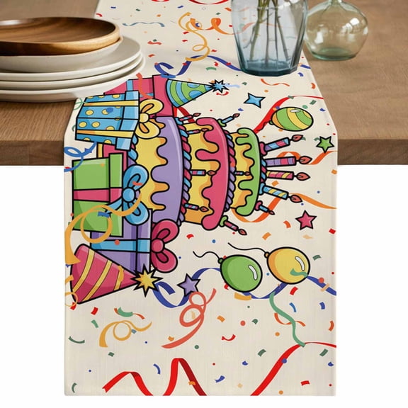 Happy Birthday Table Runner, Ribbon Cake Balloon Cartoon Washable Cotton Linen Table Runners 36 Inches Long, Dresser Scarf Runner for Nightstand/End Tables/Round Tables 13''x36''