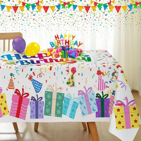 Happy Birthday Tablecloth Colorful Gifts Balloon Confetti Spill/Oil Proof Washable Table Cloths, Polyester Table Cover for Home Dining Party, Indoor, Outdoor Decoration