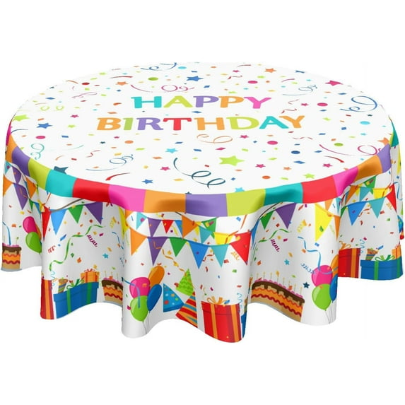 Happy Birthday Tablecloth Round 60 Inch Birthday Cake Gifts Coloured Flags Ribbon Stars Balloons Printed Table Cloth Polyester Table Cover for Birthday Party Kitchen Dining Room Outdoor Home Decor