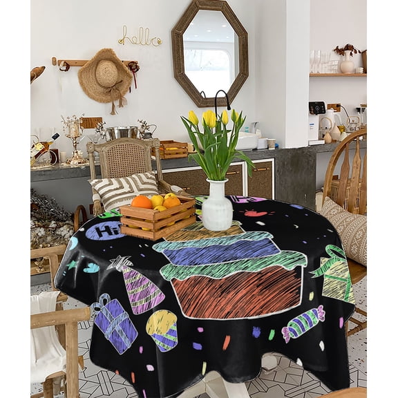 Happy Birthday Tablecloth Square Table Cloth 54x54, Waterproof Tablecloth Outdoor Table Cloth, Birthday Gifts Cake Balloons Black Washable Table Cover for Kitchen Dining Party