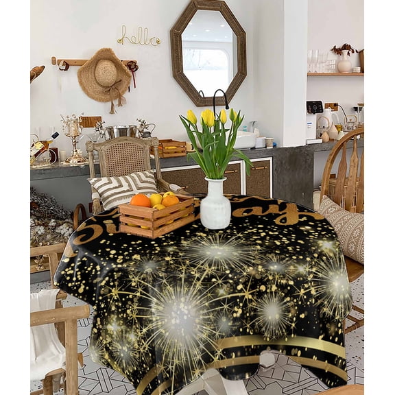 Happy Birthday Tablecloth Square Table Cloth 60x60 , Waterproof Tablecloth Outdoor Table Cloth, Luxurious Black Golden Cake Fireworks Washable Table Cover for Kitchen Dining Party