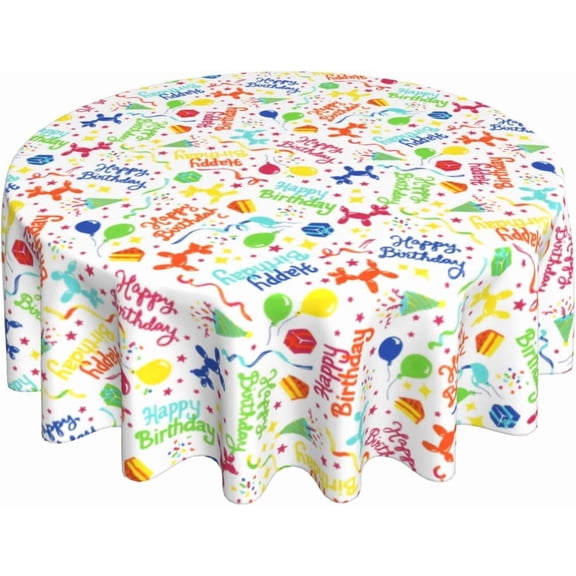 Happy Birthday Tablecloth, White Round Tablecloth 60 Inch, Colorful Round Table Cloth for Birthday Party Decor, Wipeable Waterproof Polyester Fabric Table Cover for Holiday Outdoor Camping Picnic