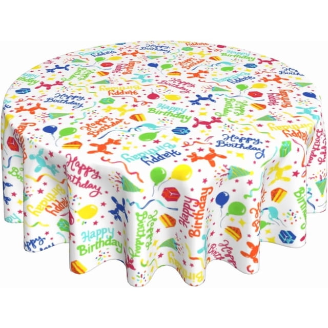 Happy Birthday Tablecloth, White Round Tablecloth 70 Inch, Colorful Round Table Cloth for Birthday Party Decor, Wipeable Waterproof Polyester Fabric Table Cover for Holiday Outdoor Camping Picnic