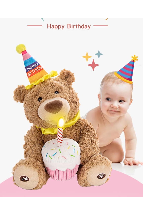 Happy Birthday Teddy Bear Bear Animated Plush Toy, Glow-in-The-Dark Singing Stuffed Animal, Brown, 14
